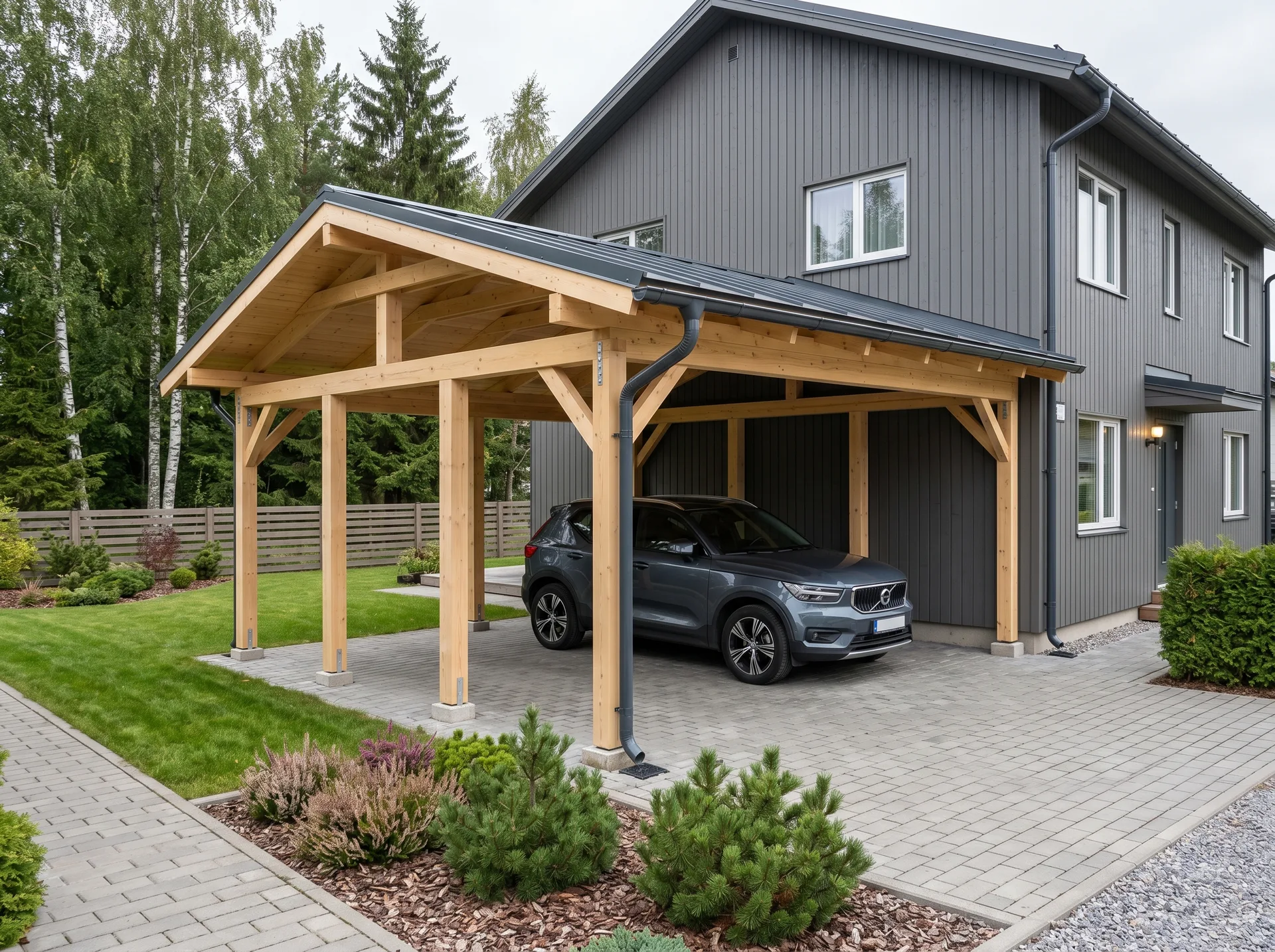 Puidust autovarjualune kaasaegse eramaja kõrval Tartumaal