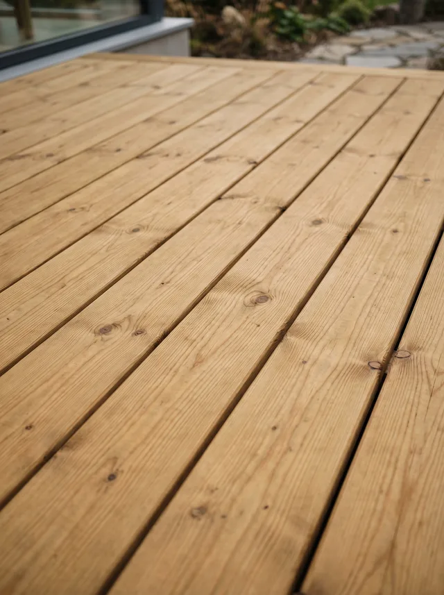 Immutatud männipuidust terrassilaudis eramaja terrassil Tartumaal