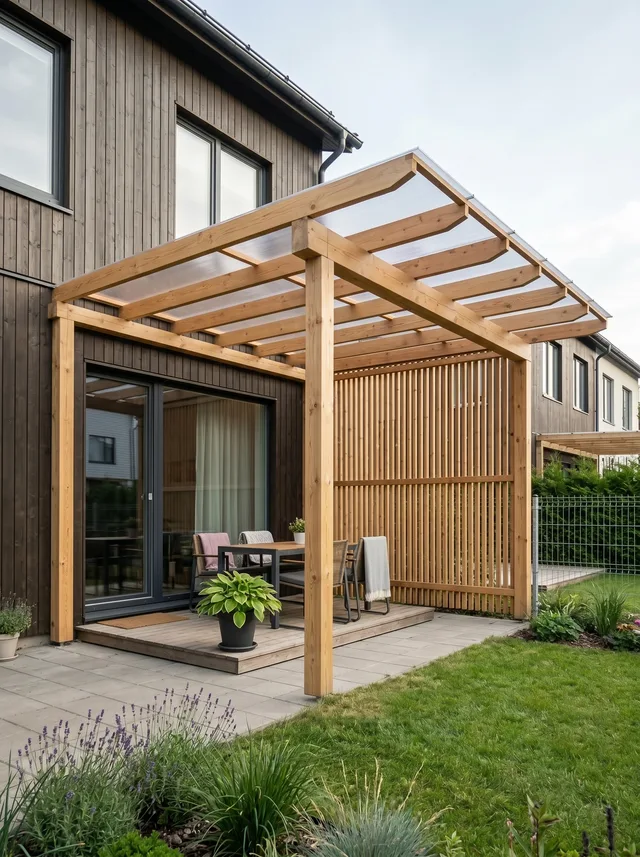 Katusega pergola privaatsusseinaga ridaelamu terrassil Tartumaal