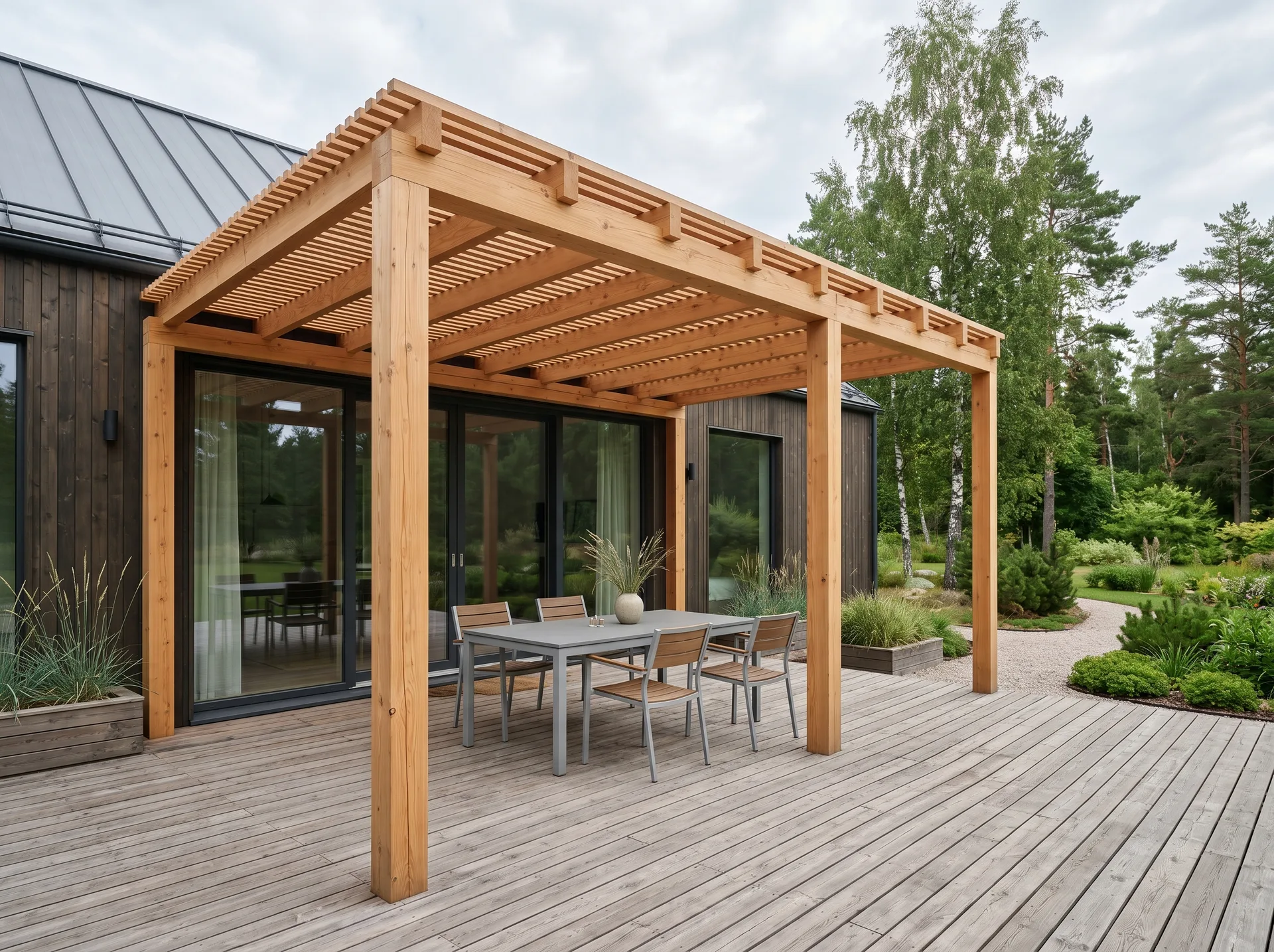 Puidust pergola ja varikatus eramaja õuealal Tartumaal
